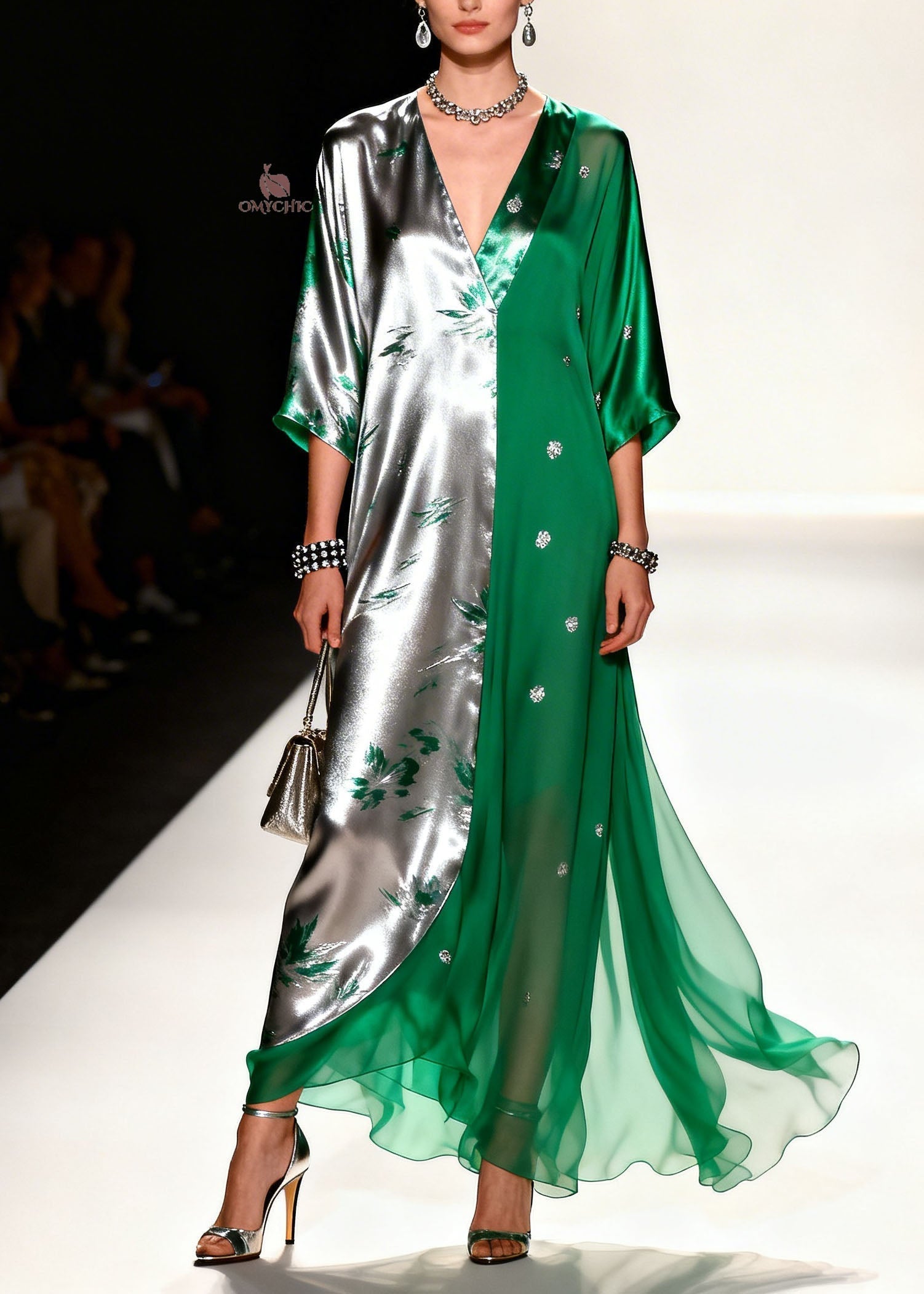 Metallic Floral Sequin Split Panel Deep V-Neck Wide Sleeve Maxi Gown