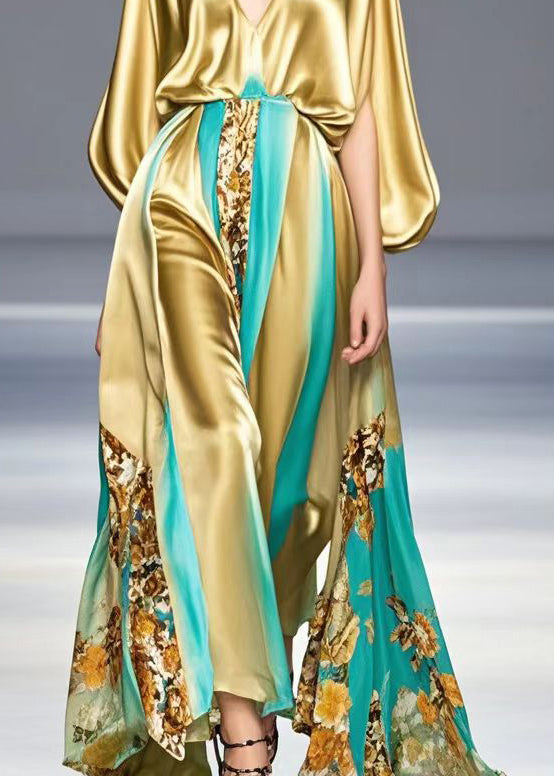 Metallic Satin Deep V-Neck Bishop Cape Sleeve Floral Panel Maxi Gown