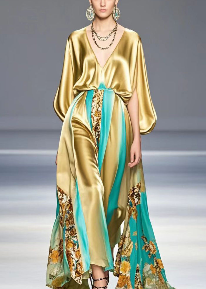 Metallic Satin Deep V-Neck Bishop Cape Sleeve Floral Panel Maxi Gown