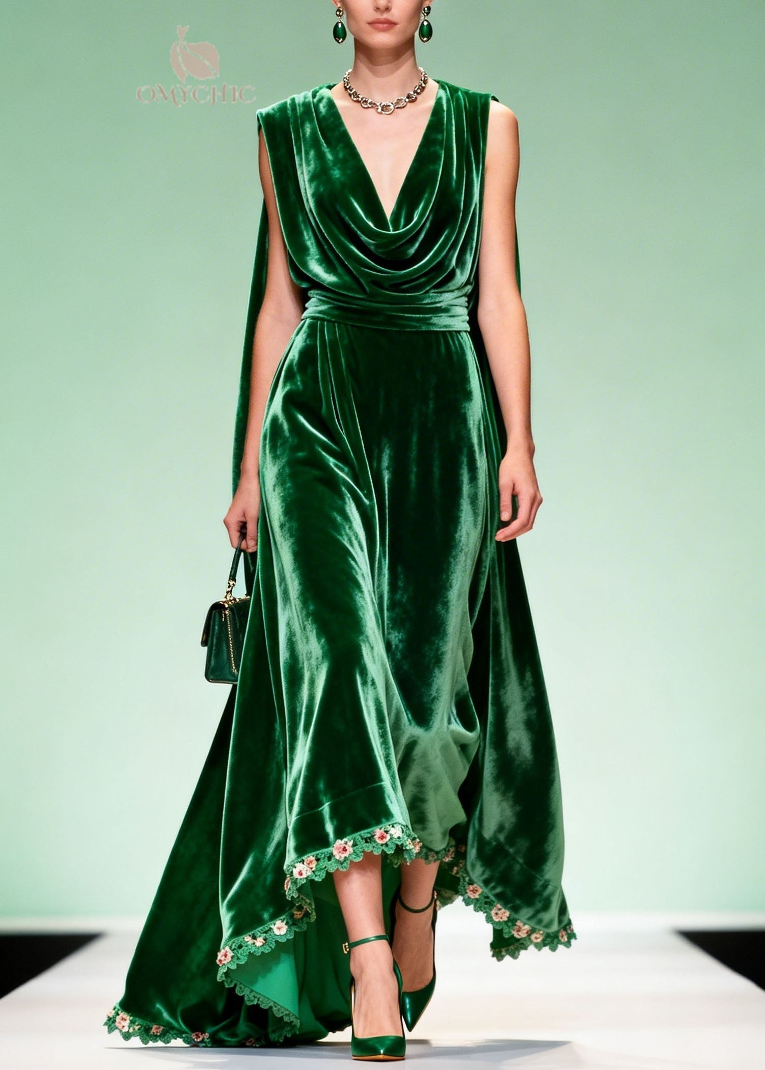 Velvet Cowl Neck Floral Lace Trim High Low Cape Back Sleeveless Gown