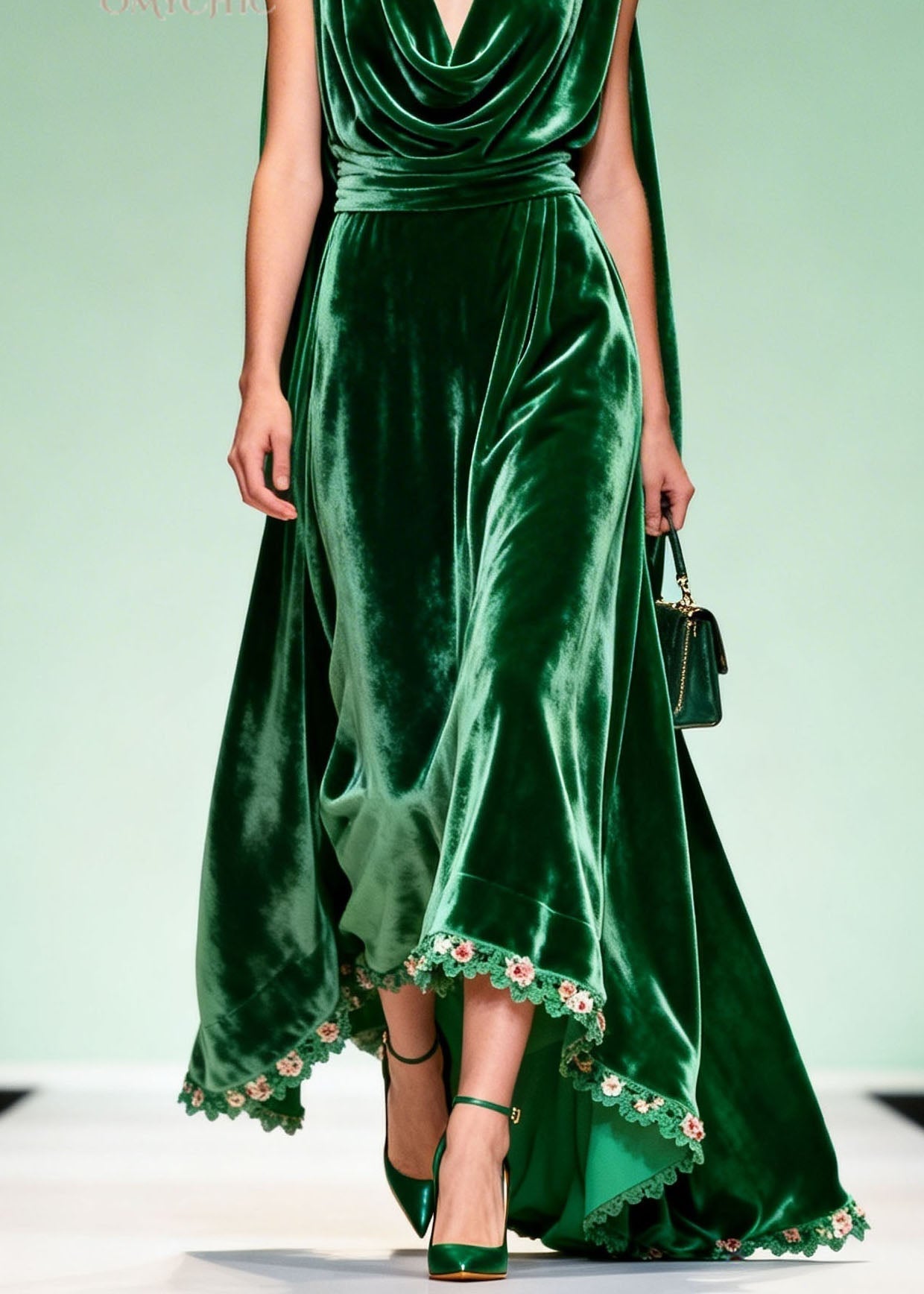 Velvet Cowl Neck Floral Lace Trim High Low Cape Back Sleeveless Gown