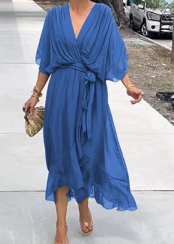 Chiffon Batwing Sleeve Deep V-Neck Wrap Tie Waist Tiered Hem Midi Dress