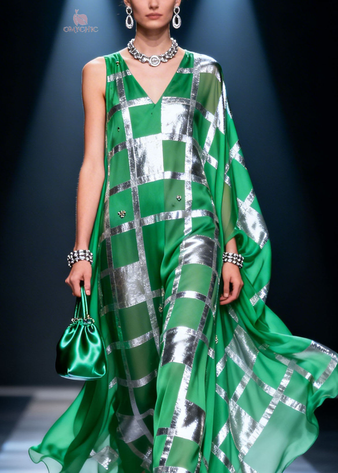 Unique Green V Neck Asymmetrical Design Print Chiffon Maxi Dresses Summer - View 2