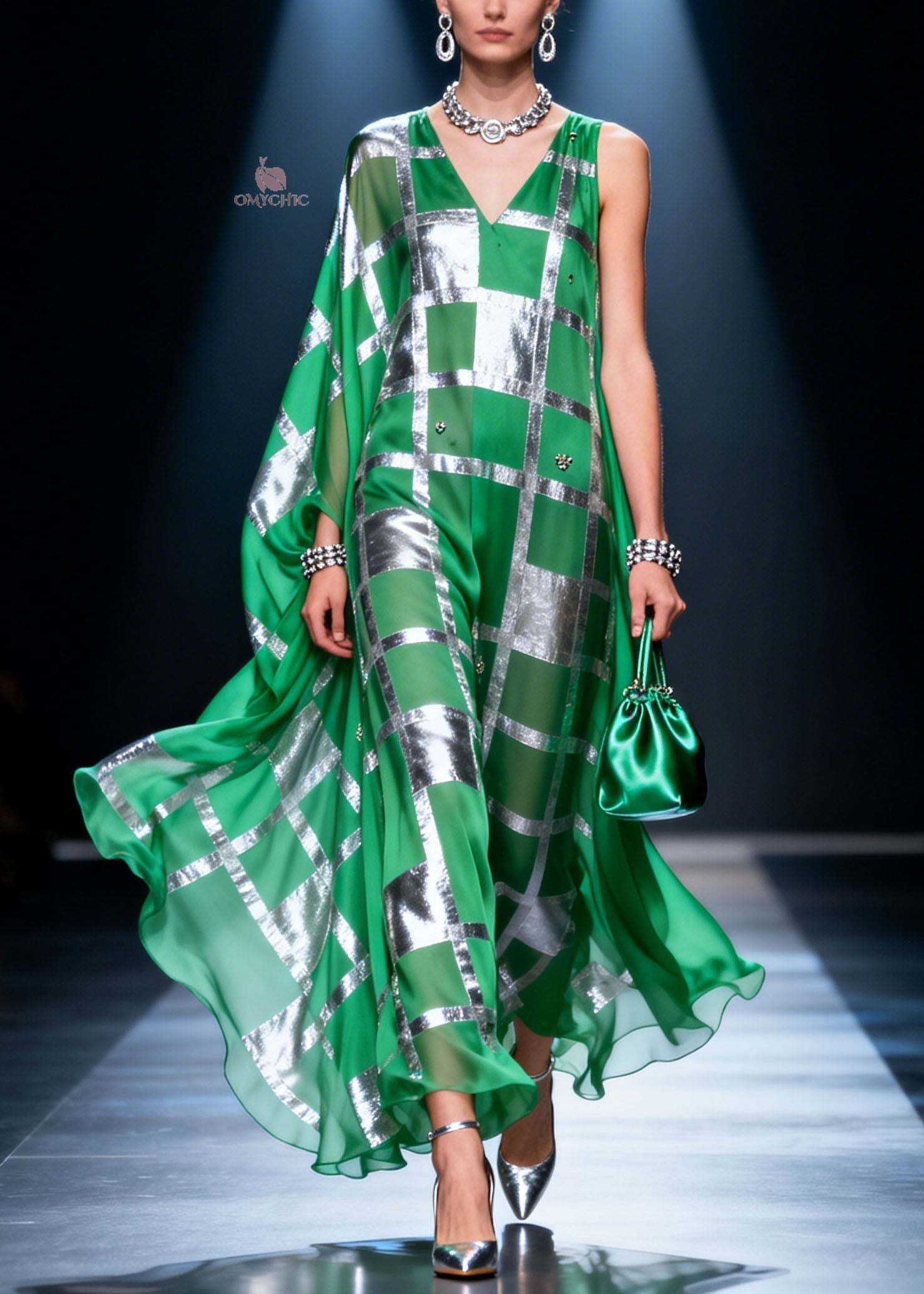 Unique Green V Neck Asymmetrical Design Print Chiffon Maxi Dresses Summer - View 3