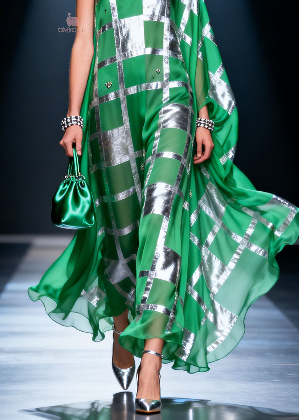 Unique Green V Neck Asymmetrical Design Print Chiffon Maxi Dresses Summer - View 4