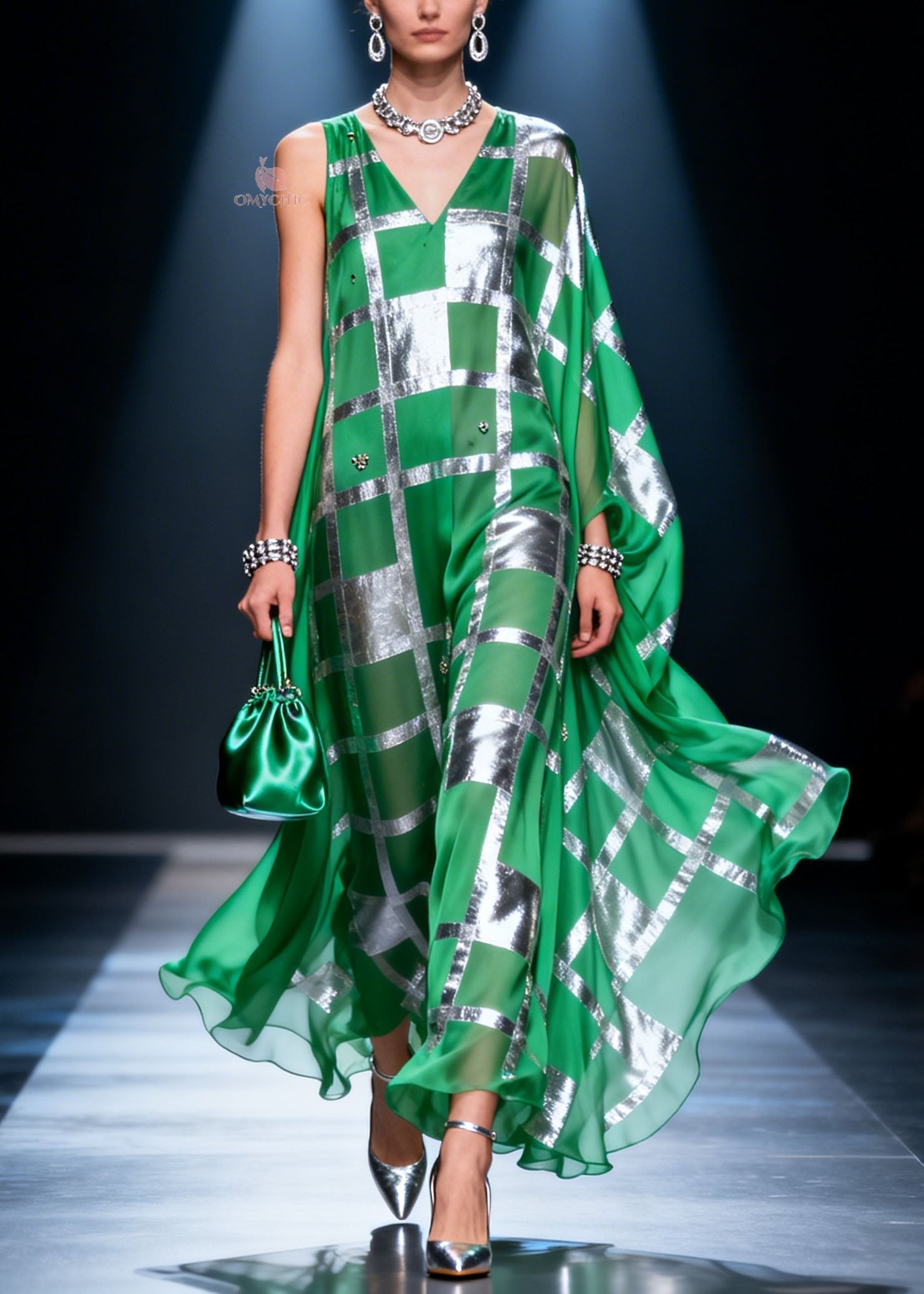 Unique Green V Neck Asymmetrical Design Print Chiffon Maxi Dresses Summer - View 5