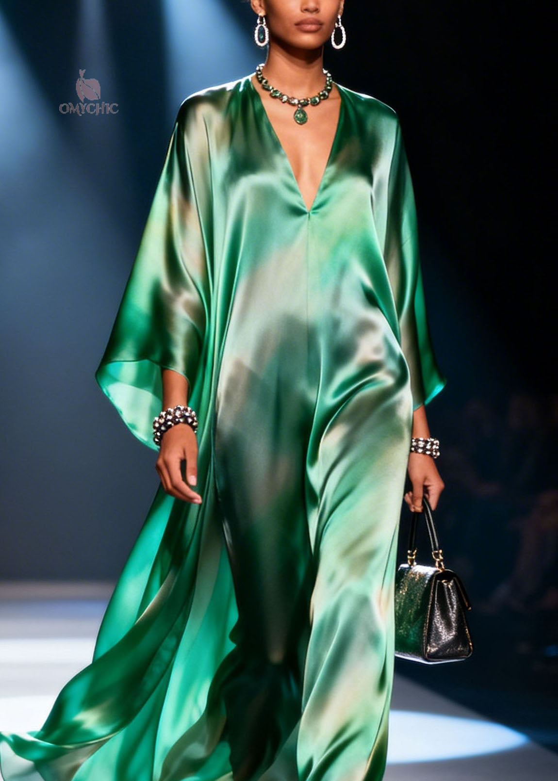 Satin Deep V-Neck Kaftan Sleeve Wide Leg Jumpsuit