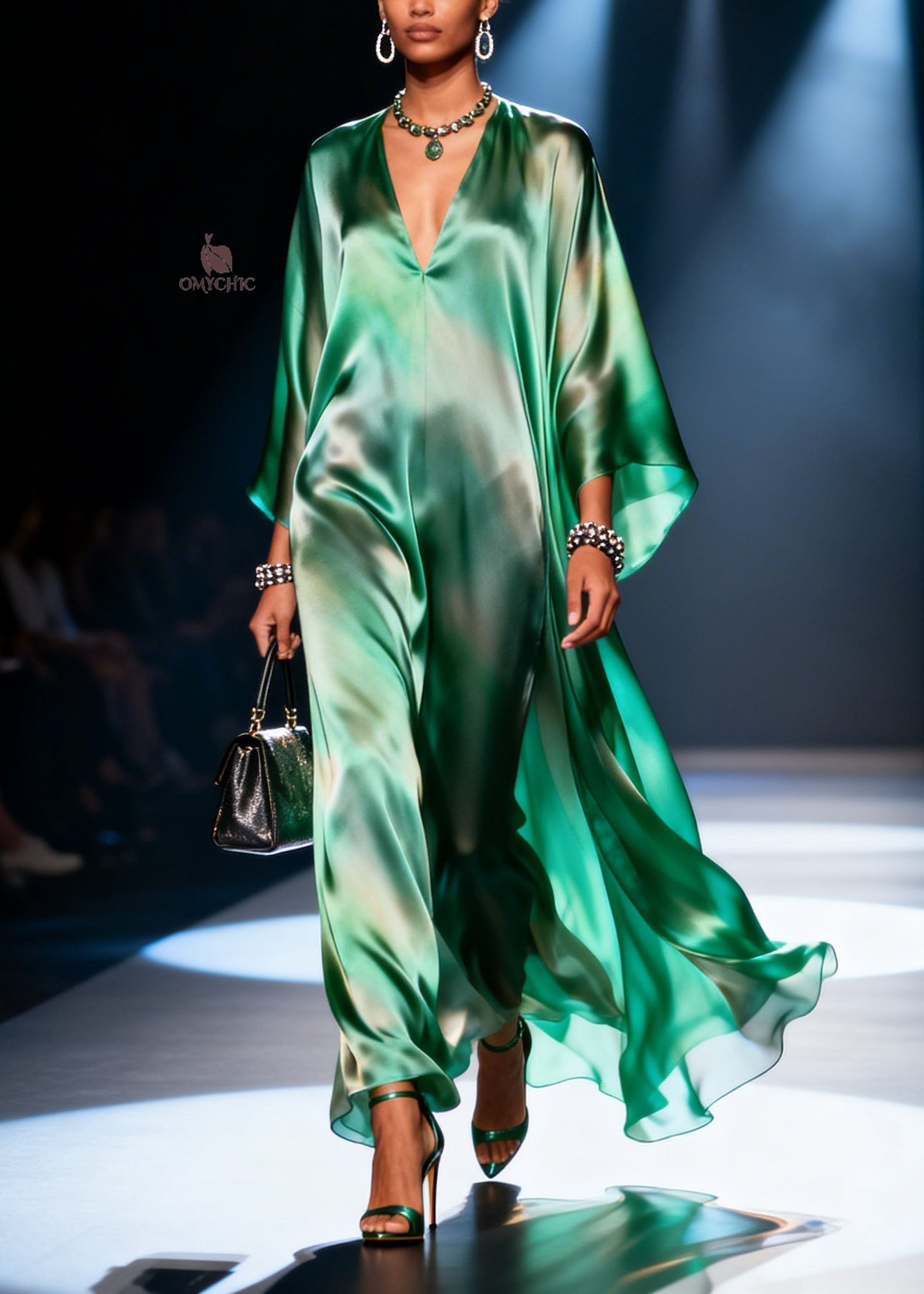 Satin Deep V-Neck Kaftan Sleeve Wide Leg Jumpsuit