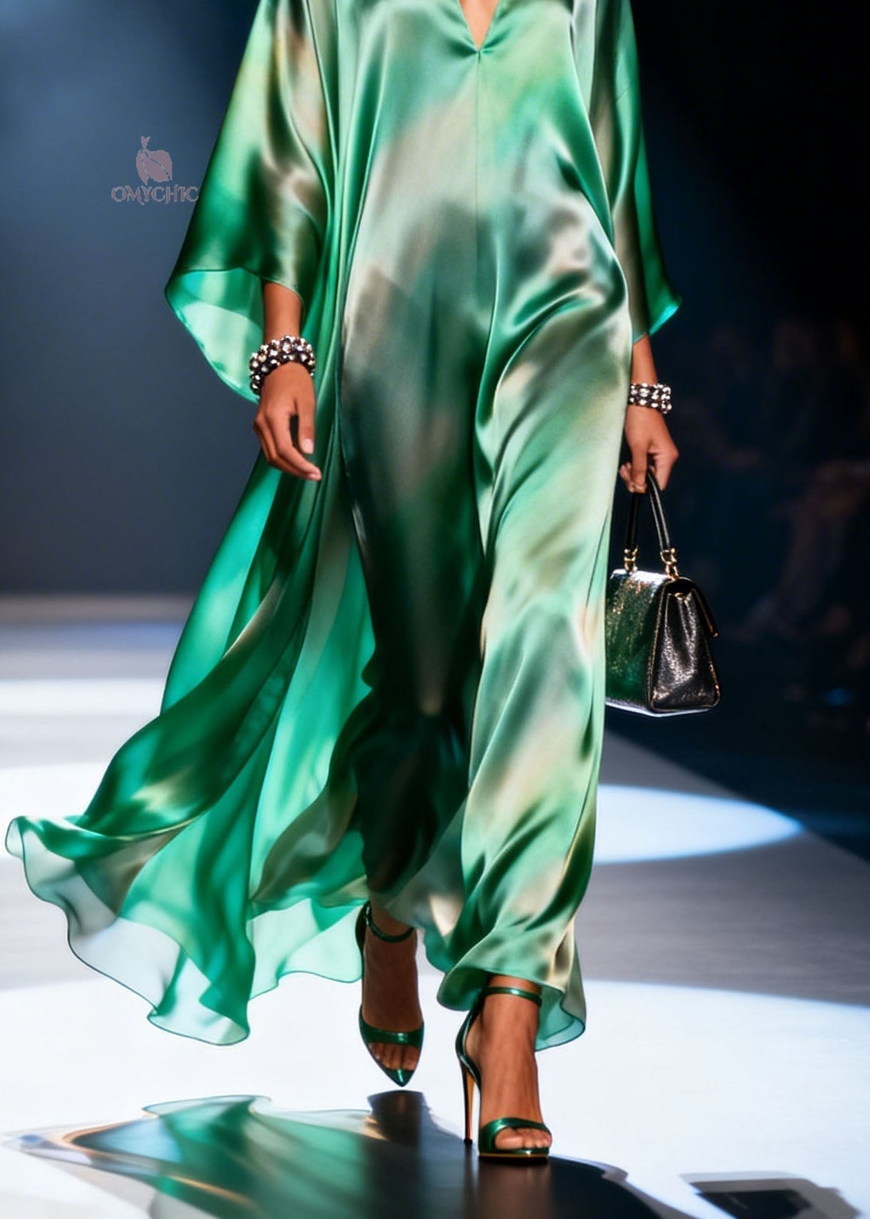 Satin Deep V-Neck Kaftan Sleeve Wide Leg Jumpsuit