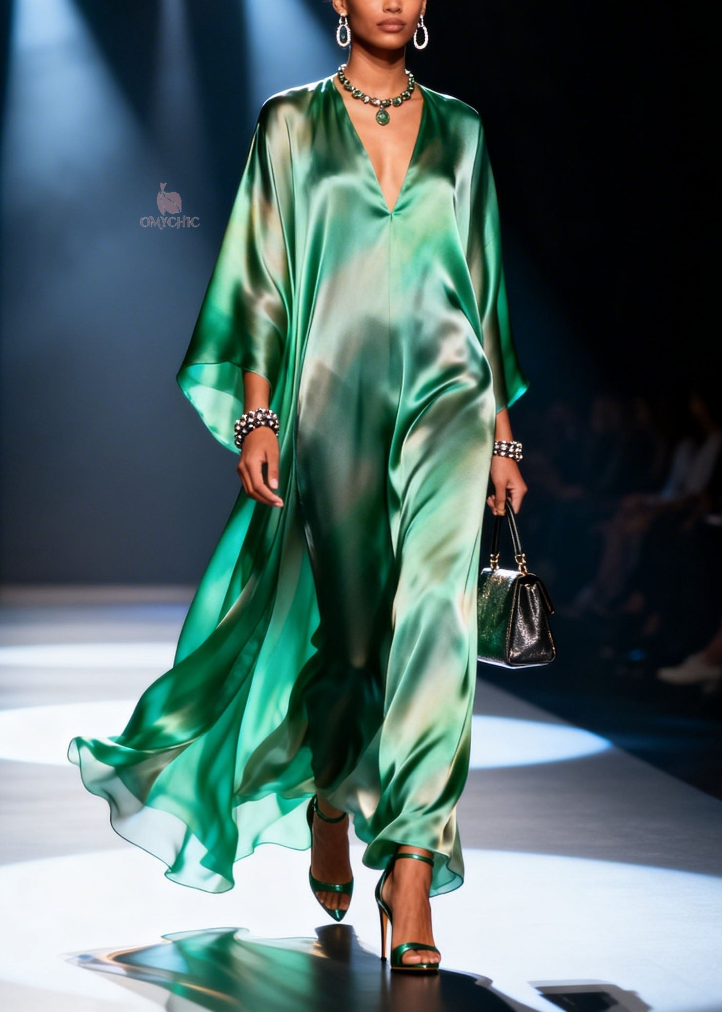 Satin Deep V-Neck Kaftan Sleeve Wide Leg Jumpsuit