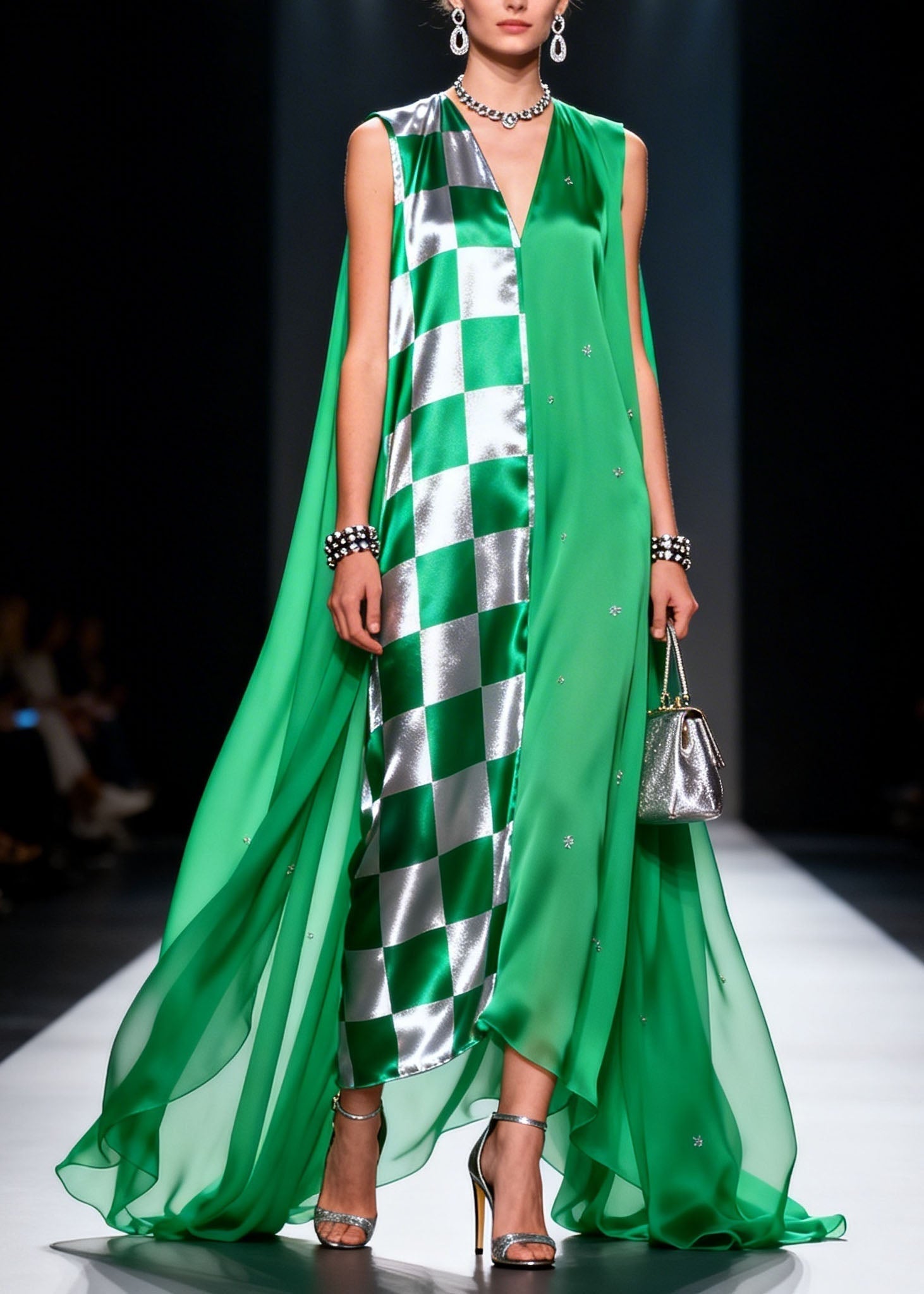 Checkered Panel Rhinestone Deep V-Neck Sleeveless Cape Back Satin Maxi Gown