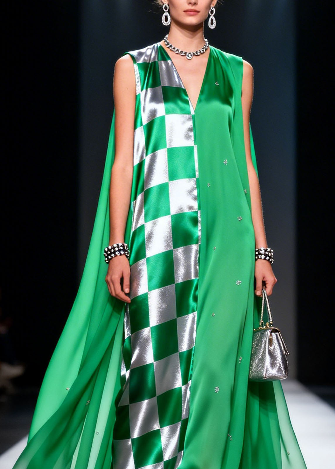 Checkered Panel Rhinestone Deep V-Neck Sleeveless Cape Back Satin Maxi Gown