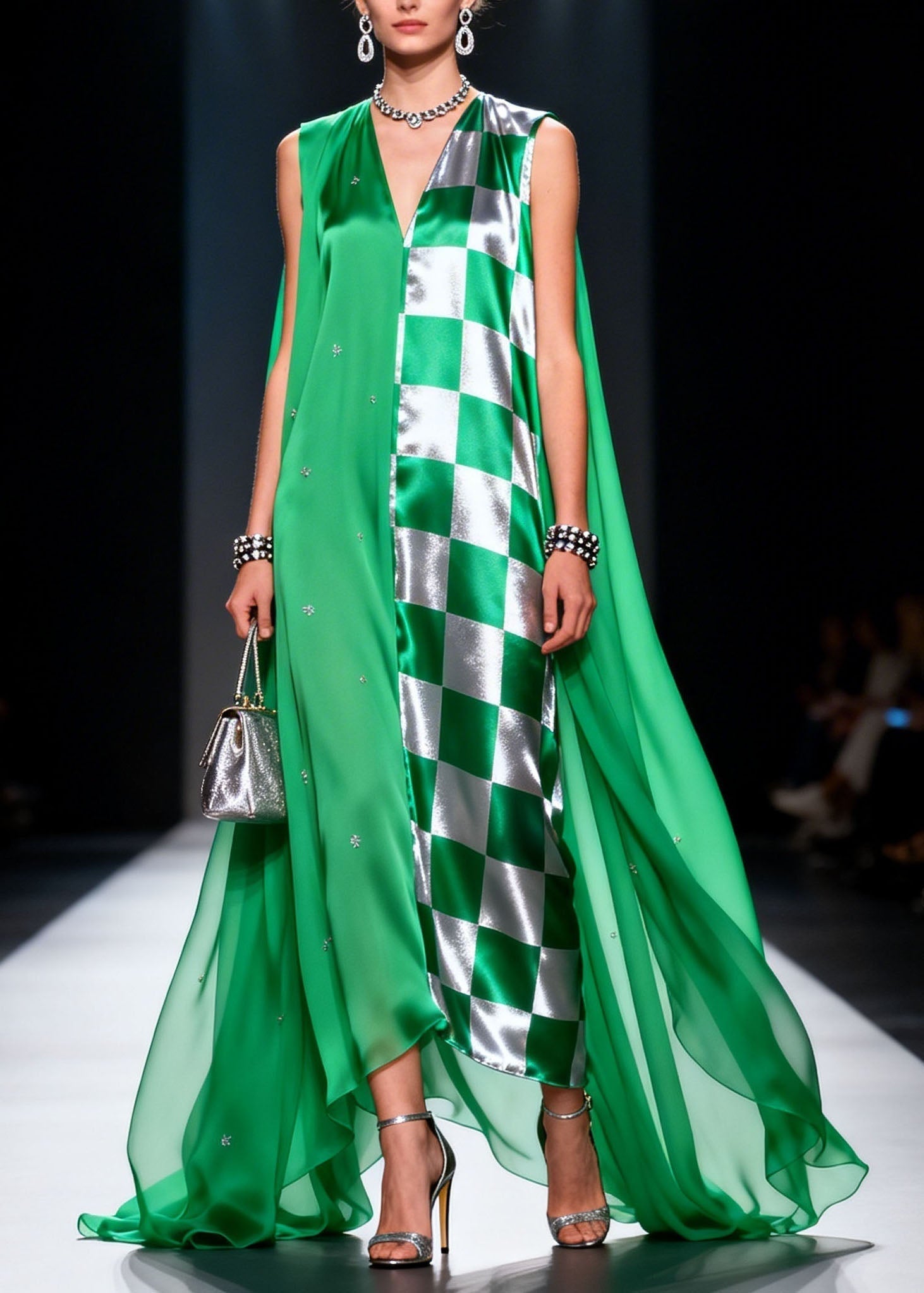 Checkered Panel Rhinestone Deep V-Neck Sleeveless Cape Back Satin Maxi Gown