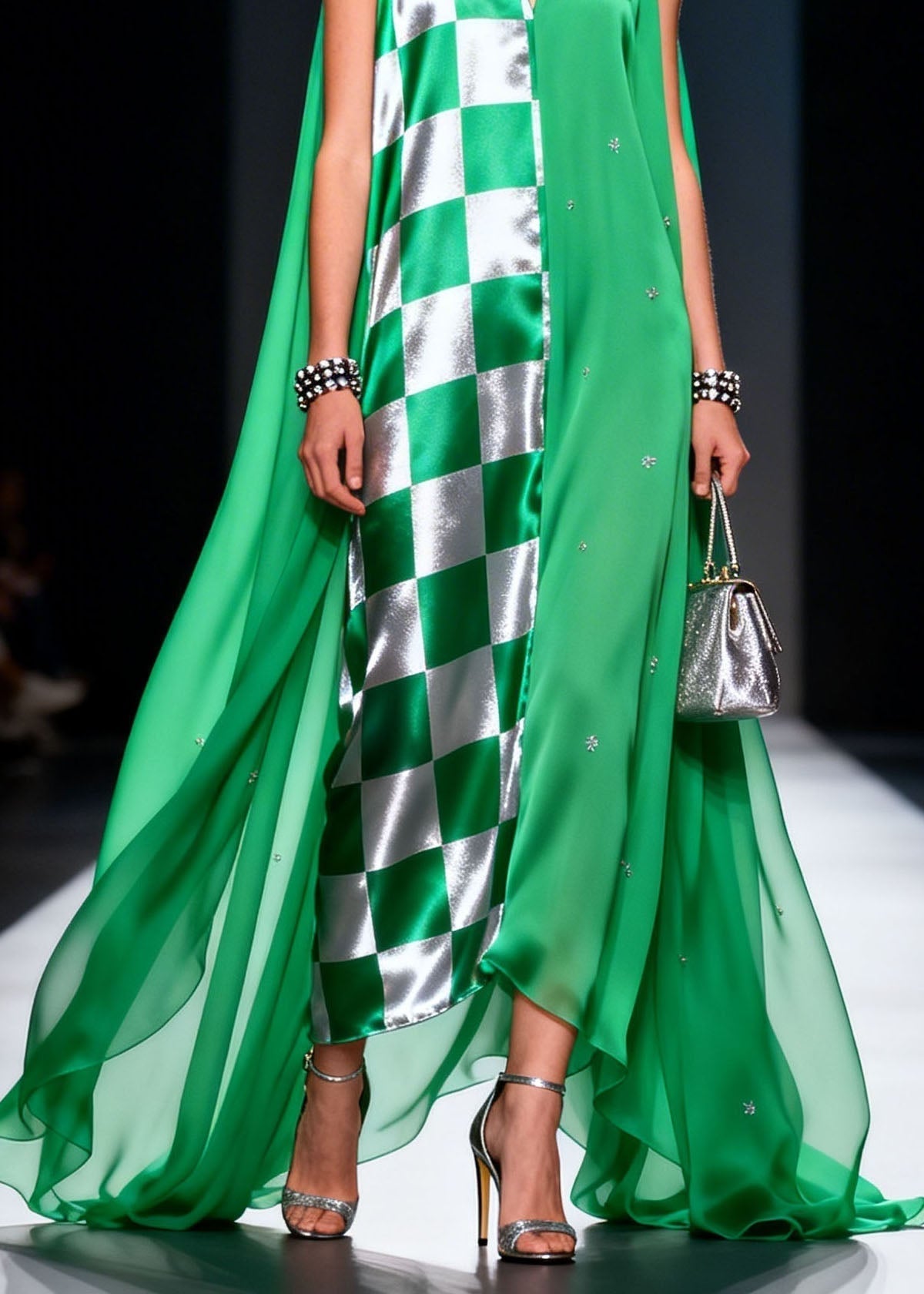 Checkered Panel Rhinestone Deep V-Neck Sleeveless Cape Back Satin Maxi Gown