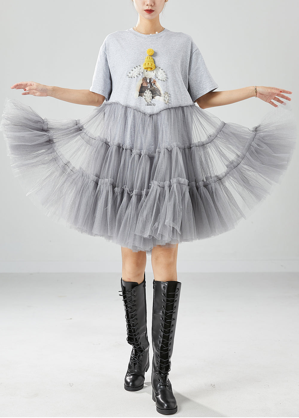 Short Sleeve Crew Neck Beaded Graphic Patch Tiered Tulle Mini Dress