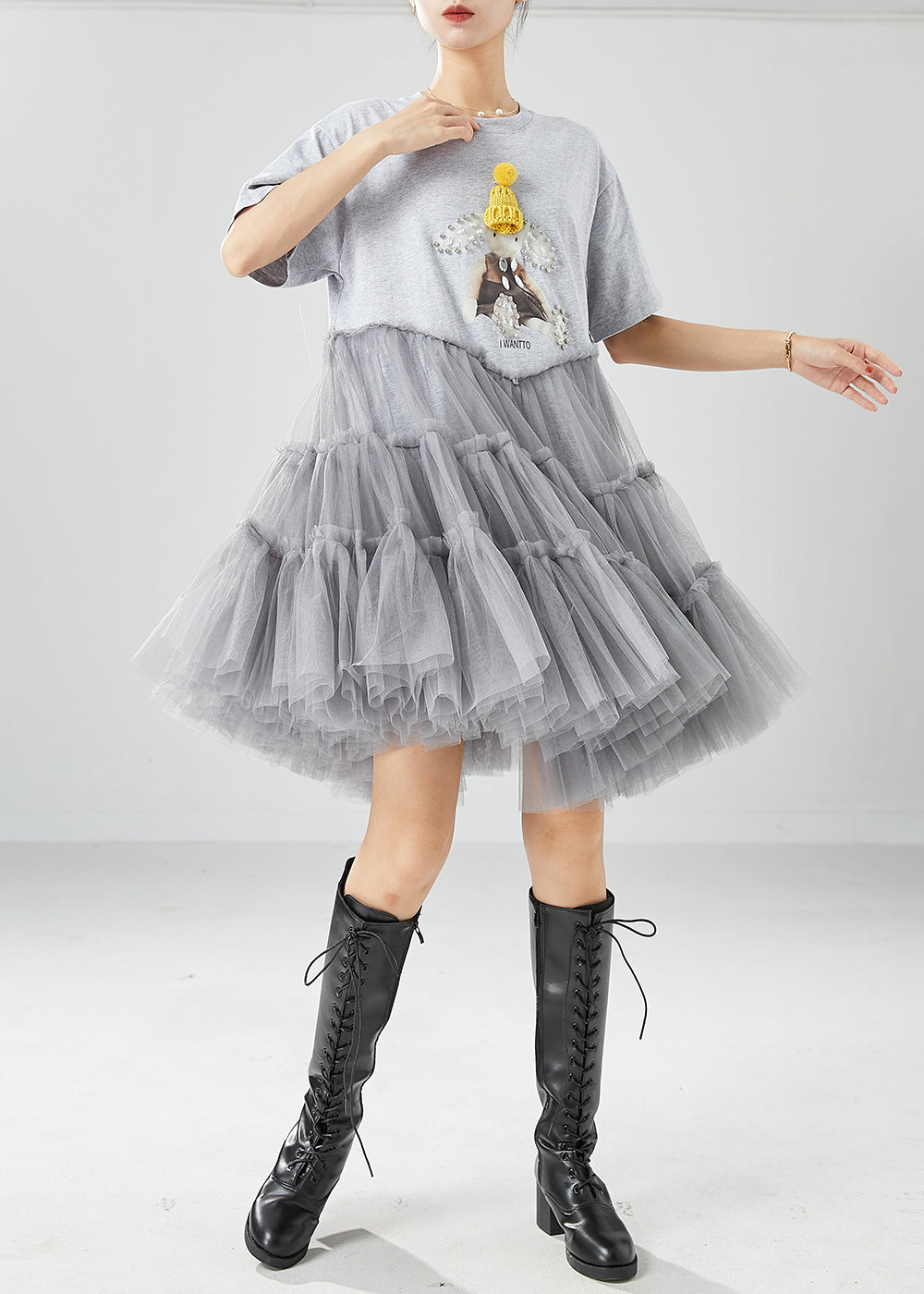 Short Sleeve Crew Neck Beaded Graphic Patch Tiered Tulle Mini Dress