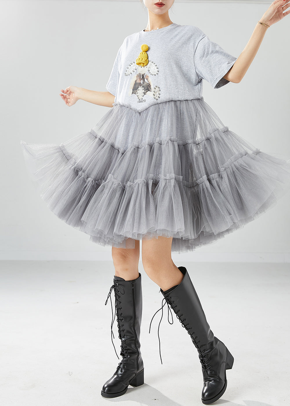 Short Sleeve Crew Neck Beaded Graphic Patch Tiered Tulle Mini Dress
