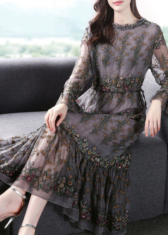 Floral Embroidered Tulle Long Sleeve Ruffle Cuff Tiered Midi Dress
