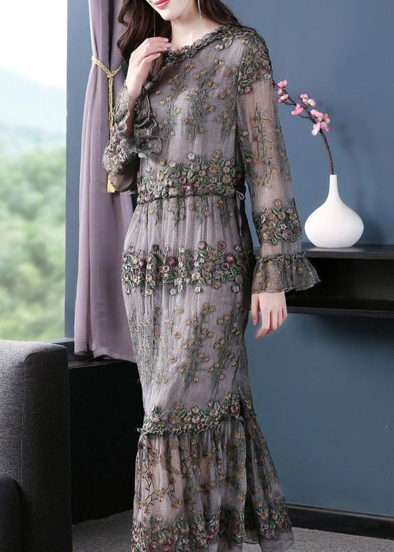 Floral Embroidered Tulle Long Sleeve Ruffle Cuff Tiered Midi Dress