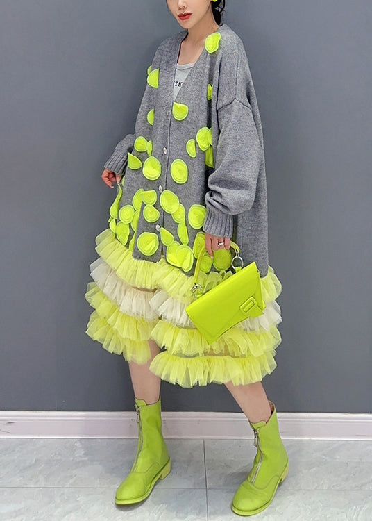 Knit Button Front V-Neck 3D Applique Tiered Tulle Ruffle Hem Midi Dress