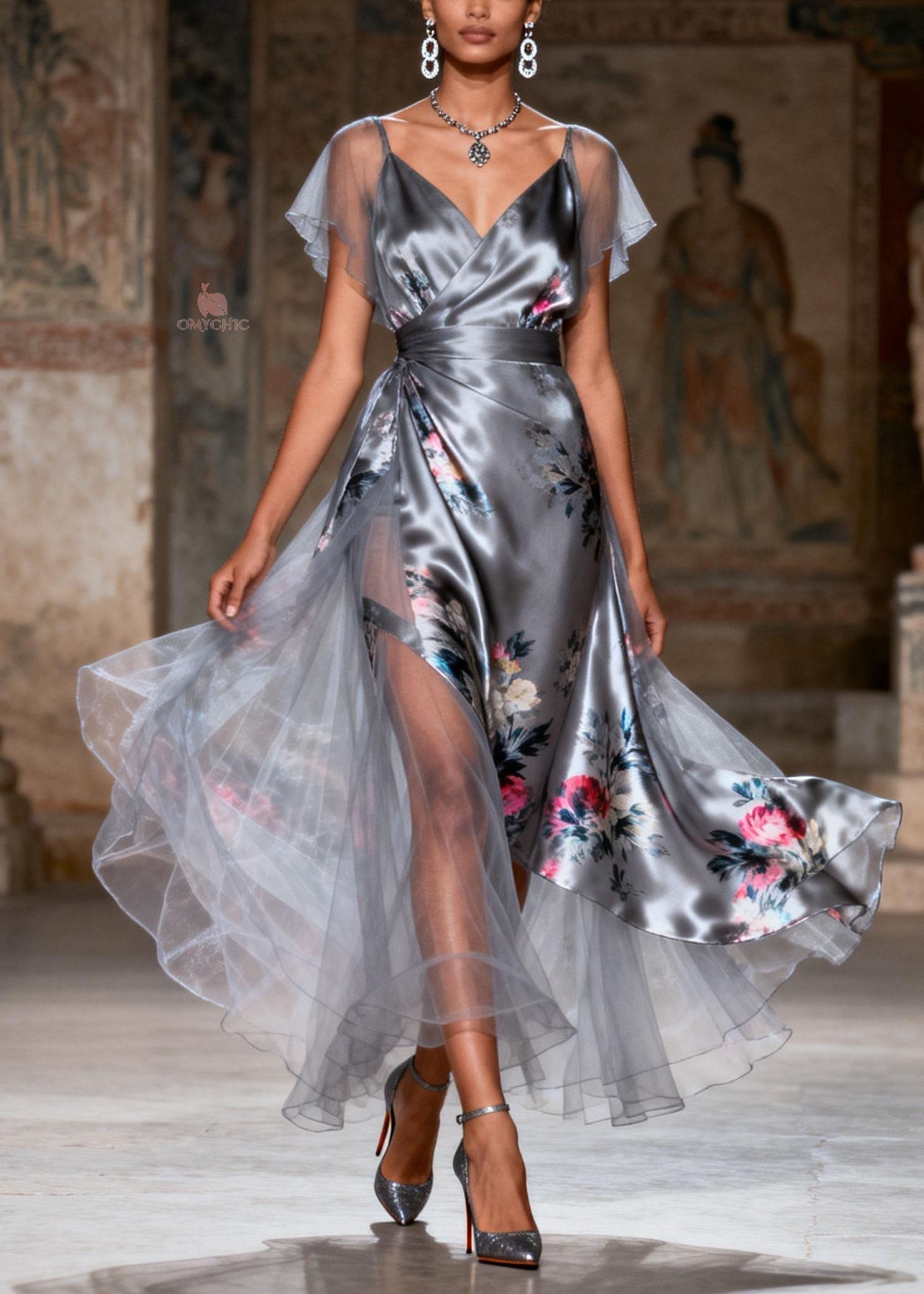 Floral Print Wrap V-Neck Flutter Sleeve High Split Tiered Tulle Overlay Maxi Gown