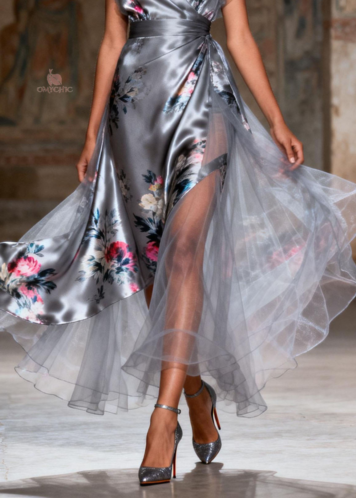 Floral Print Wrap V-Neck Flutter Sleeve High Split Tiered Tulle Overlay Maxi Gown