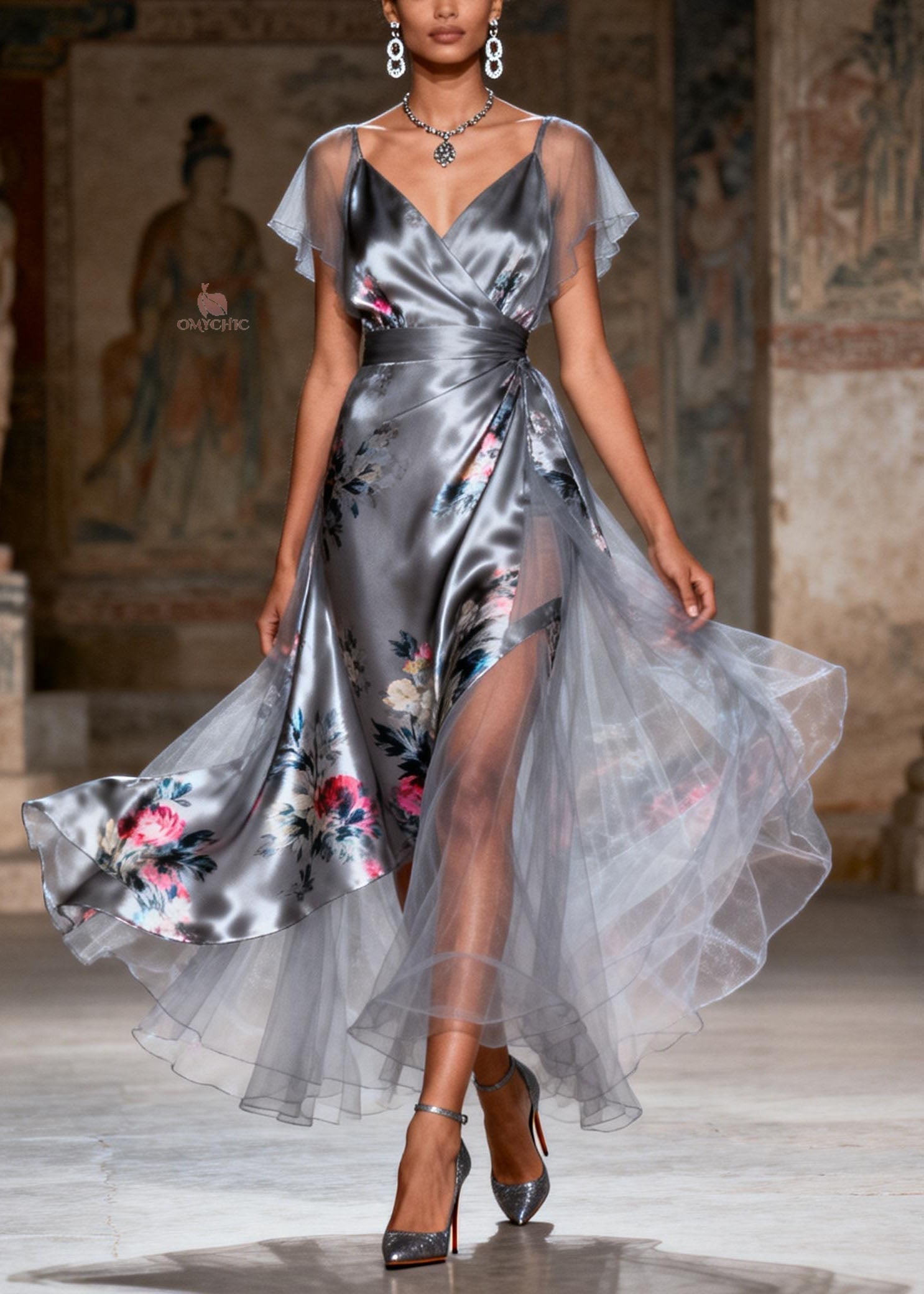 Floral Print Wrap V-Neck Flutter Sleeve High Split Tiered Tulle Overlay Maxi Gown