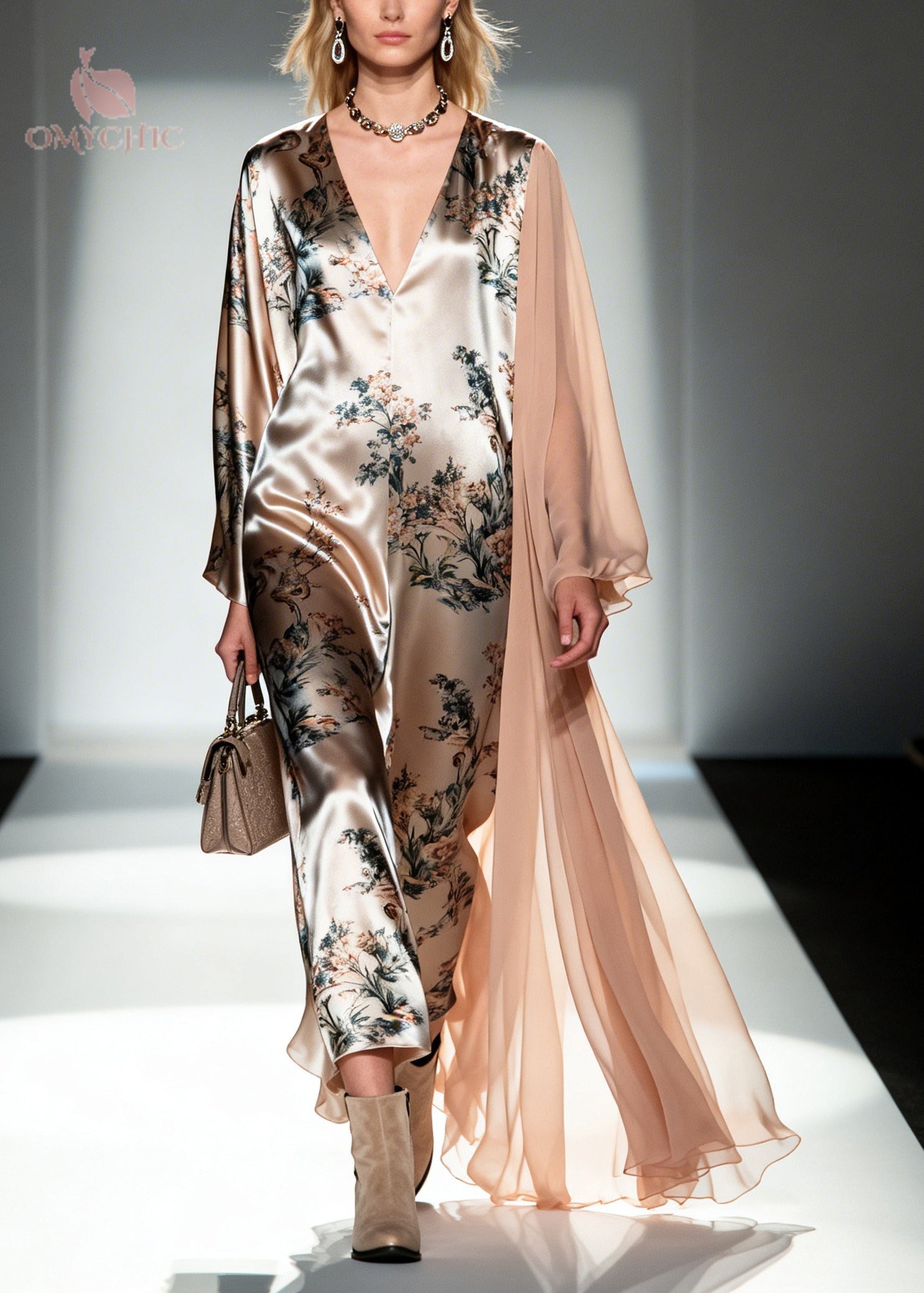 Floral Print Deep V-Neck Long Sleeve Sheer Duster Cape Wide Leg Jumpsuit