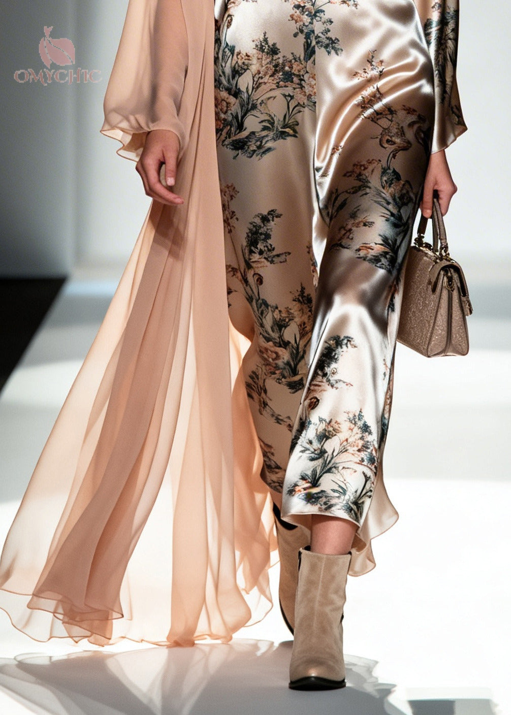 Floral Print Deep V-Neck Long Sleeve Sheer Duster Cape Wide Leg Jumpsuit