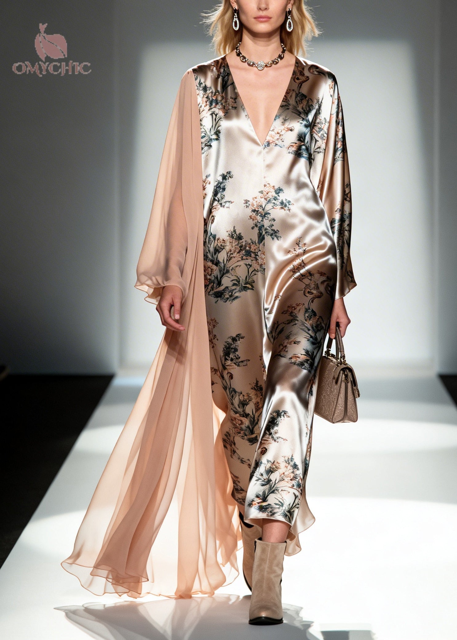 Floral Print Deep V-Neck Long Sleeve Sheer Duster Cape Wide Leg Jumpsuit