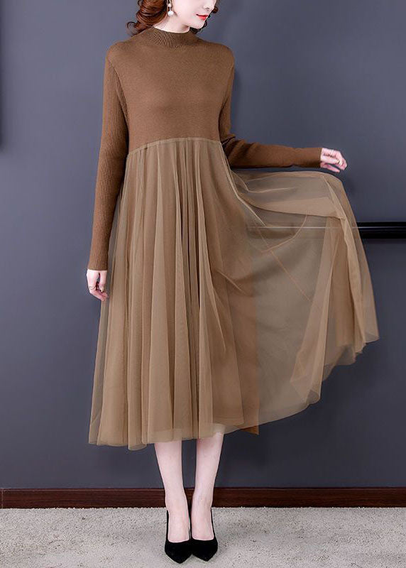 Unique Khaki Stand Collar Tulle Patchwork Knit Long Dress Long Sleeve 2