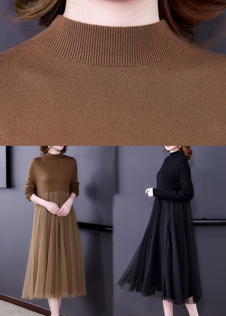 Unique Khaki Stand Collar Tulle Patchwork Knit Long Dress Long Sleeve 5