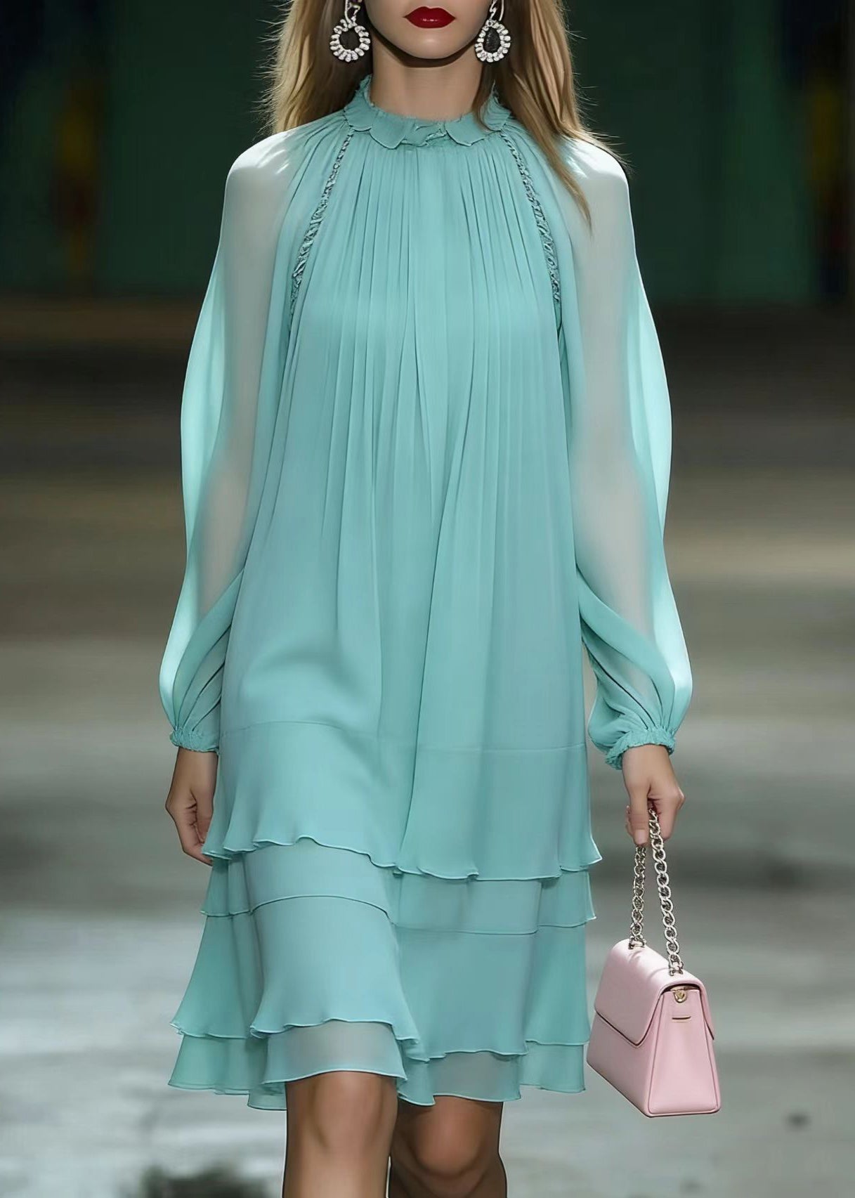 Chiffon Ruffle Collar Tiered Ruffle Long Sleeve Knee Length Dress