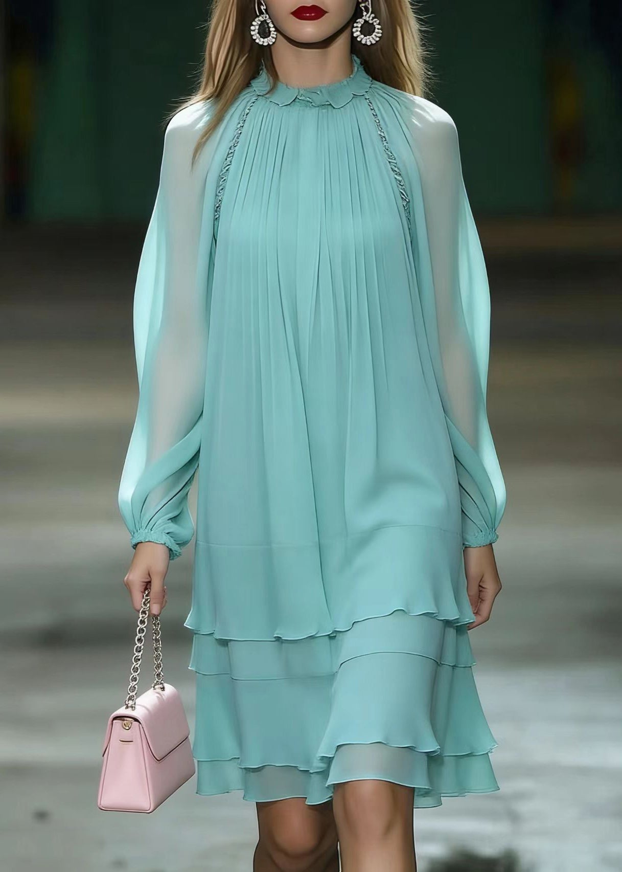 Chiffon Ruffle Collar Tiered Ruffle Long Sleeve Knee Length Dress