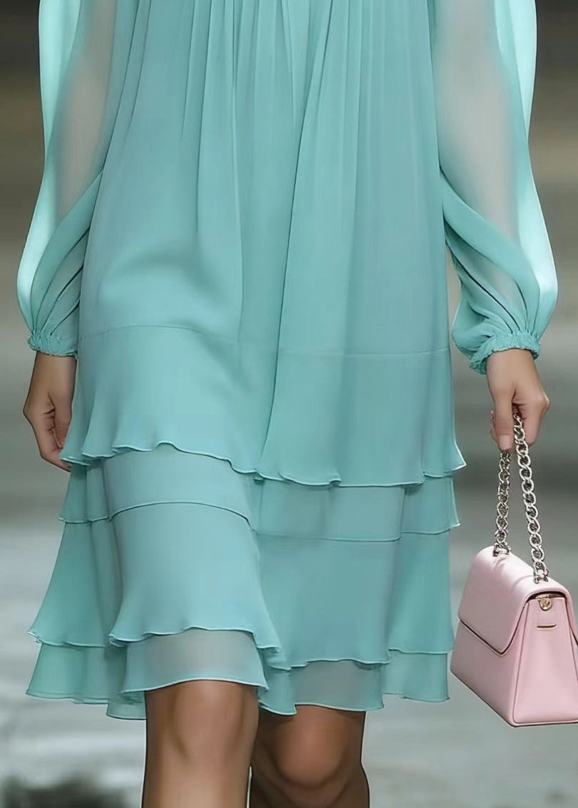 Chiffon Ruffle Collar Tiered Ruffle Long Sleeve Knee Length Dress