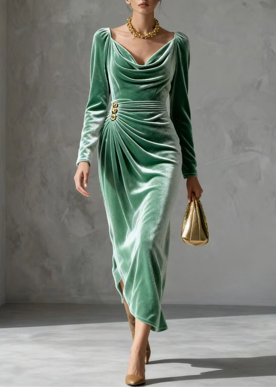 Velvet Cowl Neck Long Sleeve Ruched Wrap High Split Midi Dress
