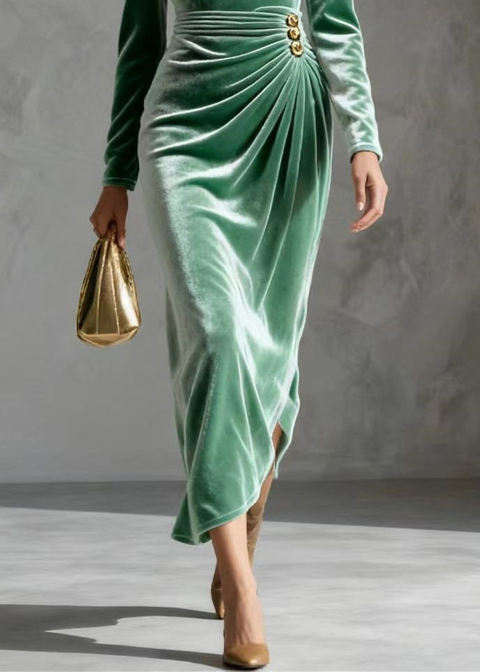 Velvet Cowl Neck Long Sleeve Ruched Wrap High Split Midi Dress