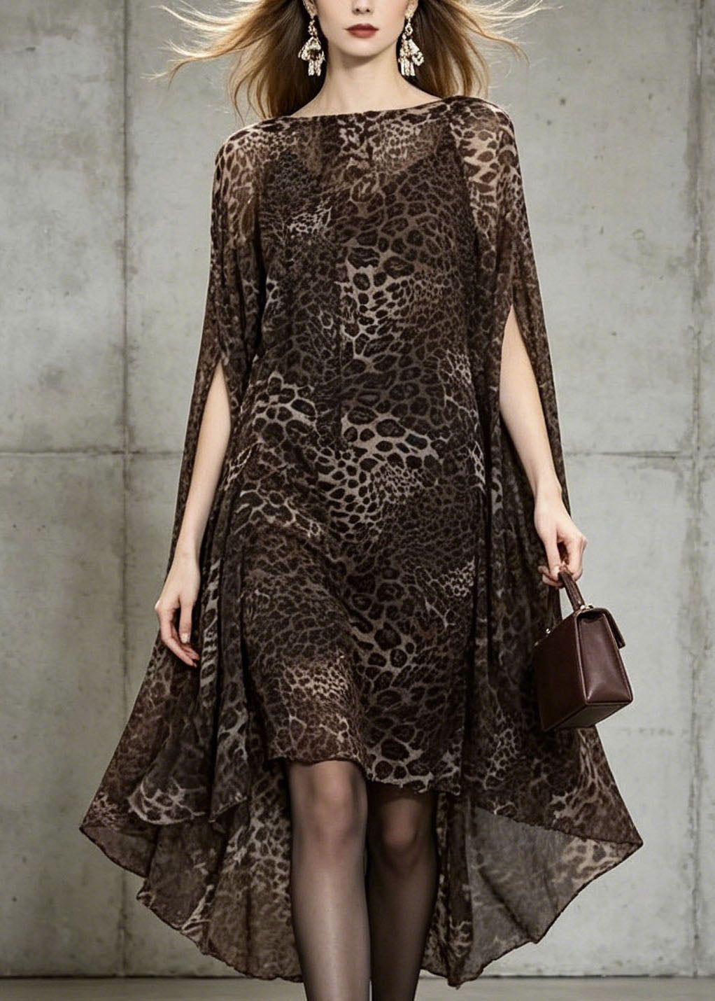 Chiffon Animal Print Boat Neck Cape Sleeve High Low Hem Cocktail Dress