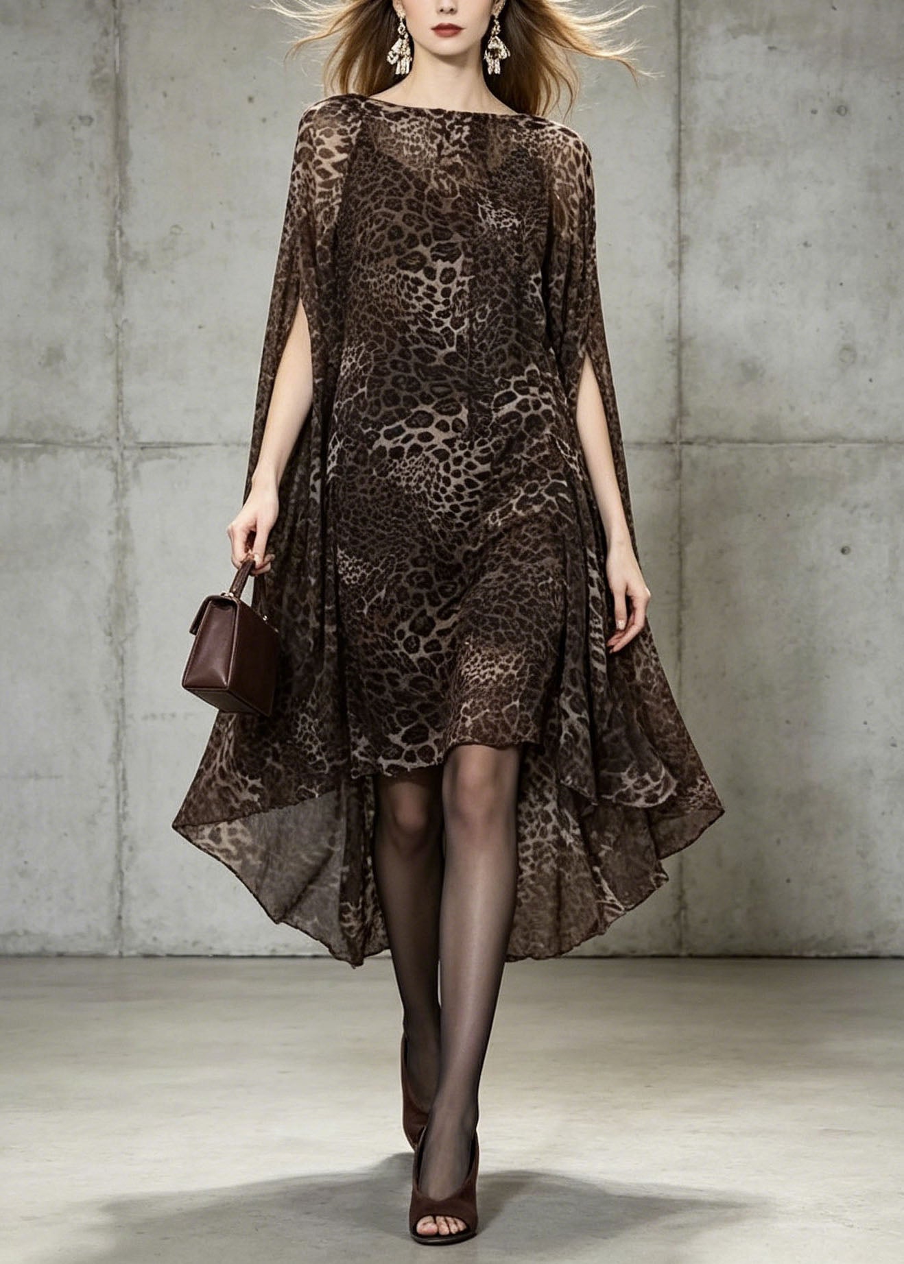 Chiffon Animal Print Boat Neck Cape Sleeve High Low Hem Cocktail Dress
