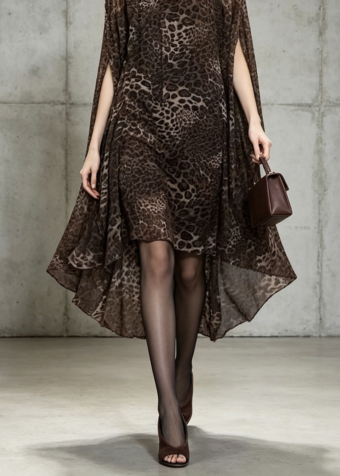 Chiffon Animal Print Boat Neck Cape Sleeve High Low Hem Cocktail Dress