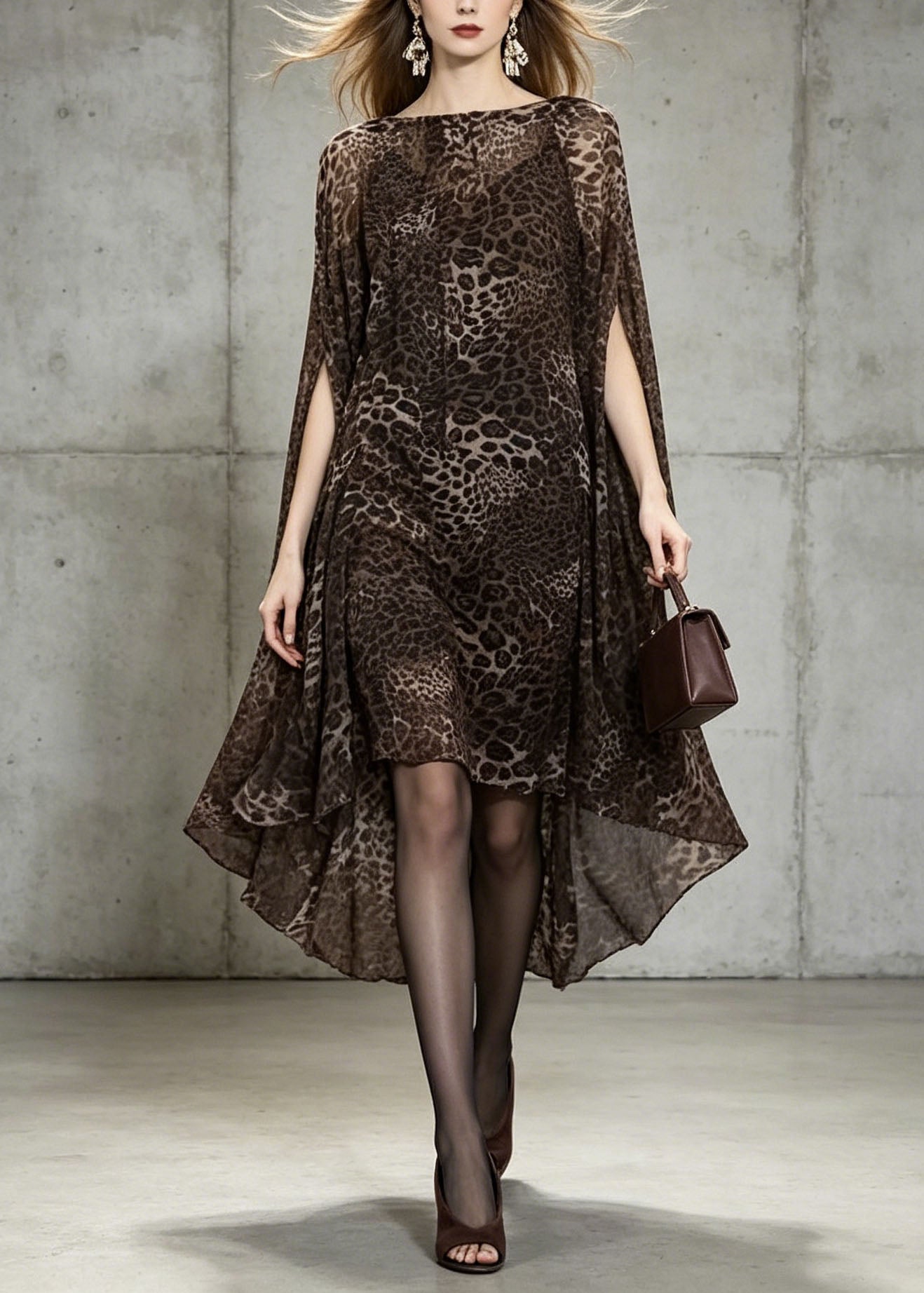 Chiffon Animal Print Boat Neck Cape Sleeve High Low Hem Cocktail Dress