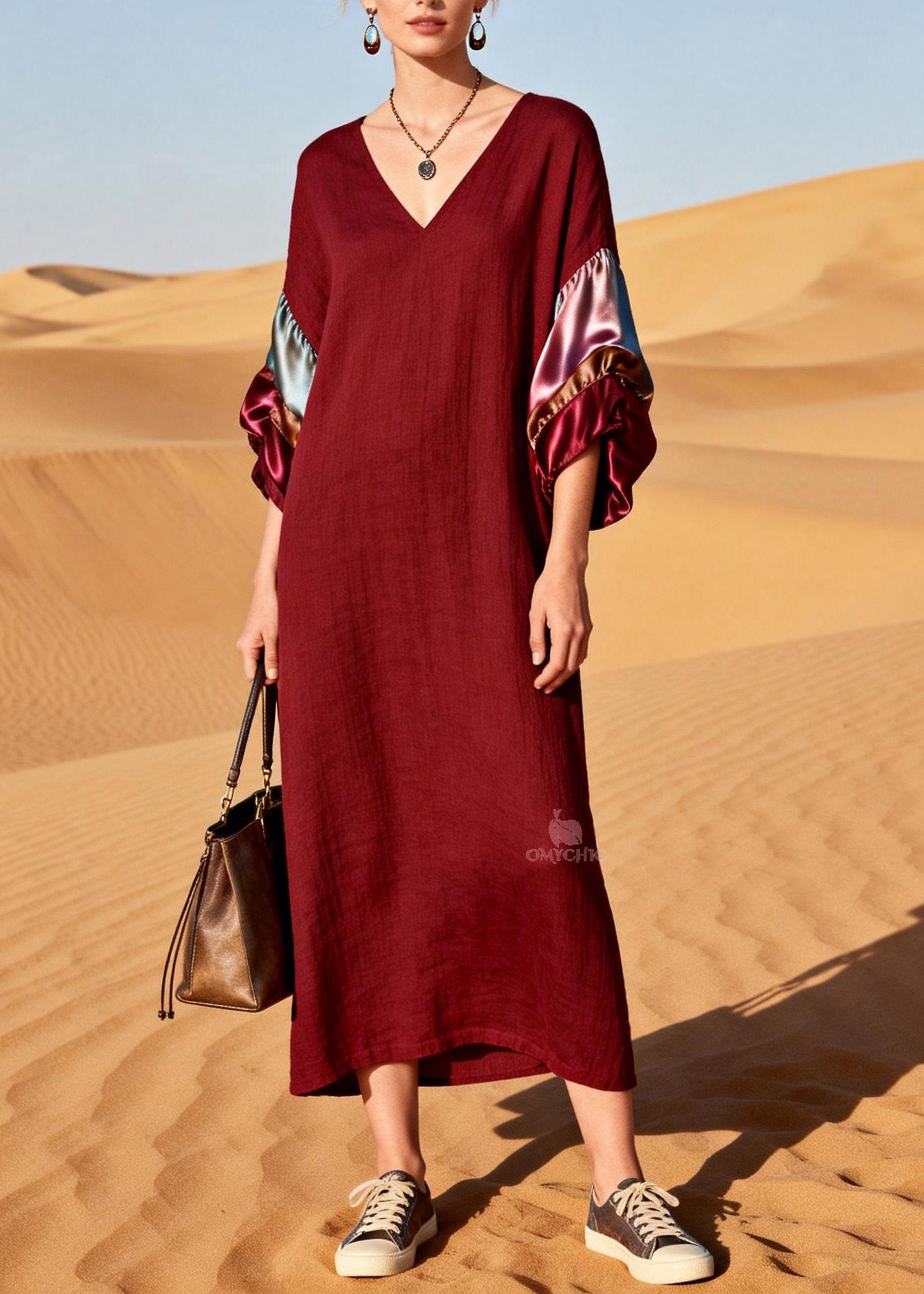 V-Neck Long Balloon Sleeve Horizontal Satin Panel Crinkle Maxi Dress