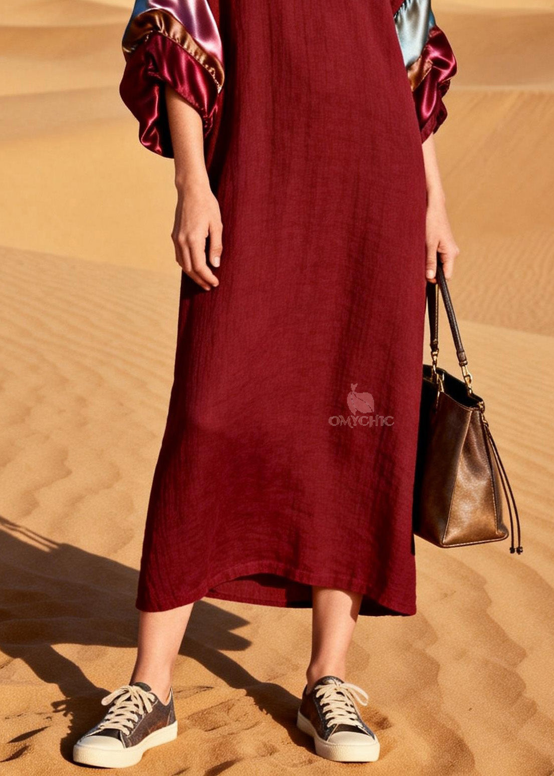 V-Neck Long Balloon Sleeve Horizontal Satin Panel Crinkle Maxi Dress