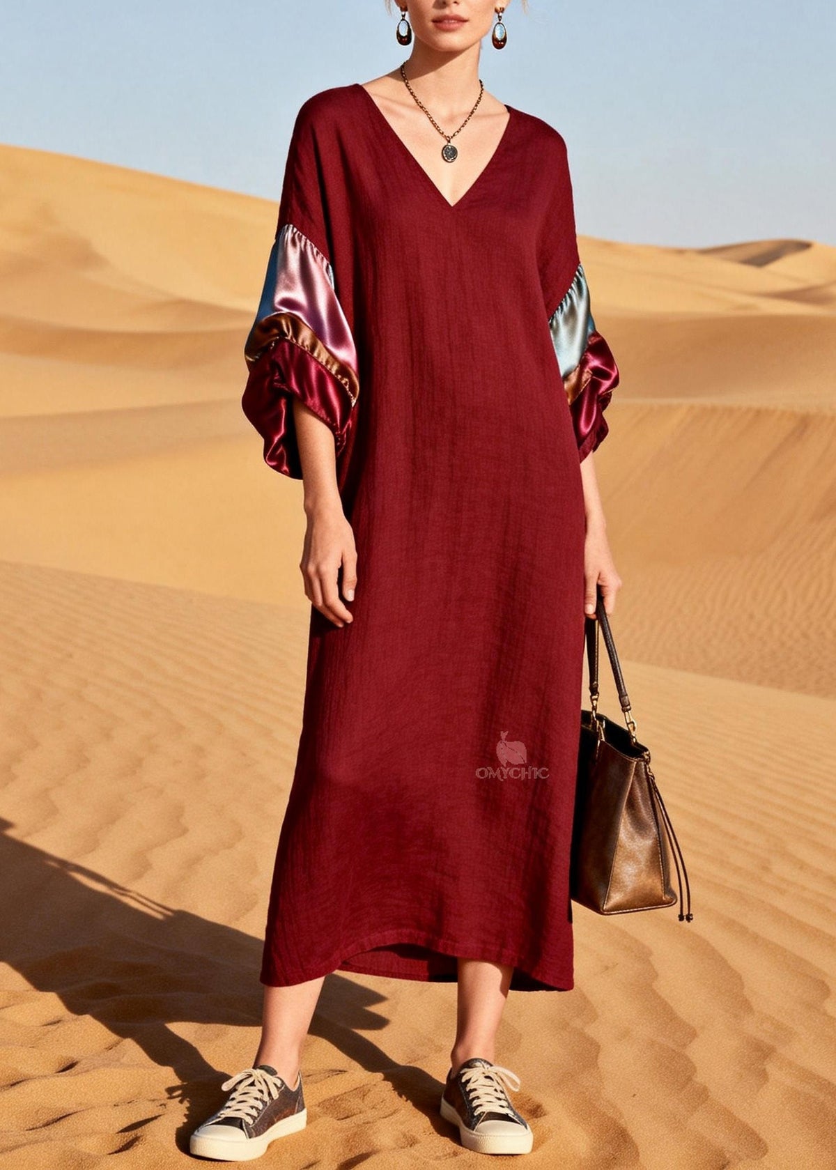 V-Neck Long Balloon Sleeve Horizontal Satin Panel Crinkle Maxi Dress - View 5