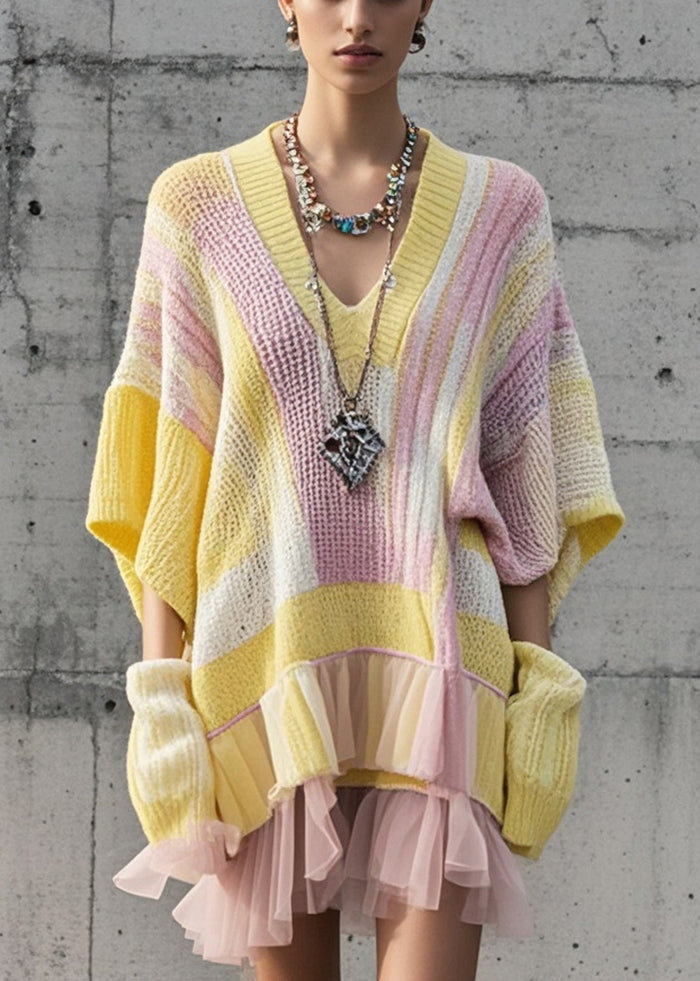 Knit Geometric Patchwork V-Neck Tulle Ruffle Tiered Mini Dress