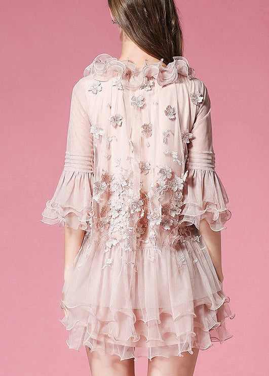 Unique Navy Ruffled Patchwork Tulle Mid Dress Half Sleeve 5