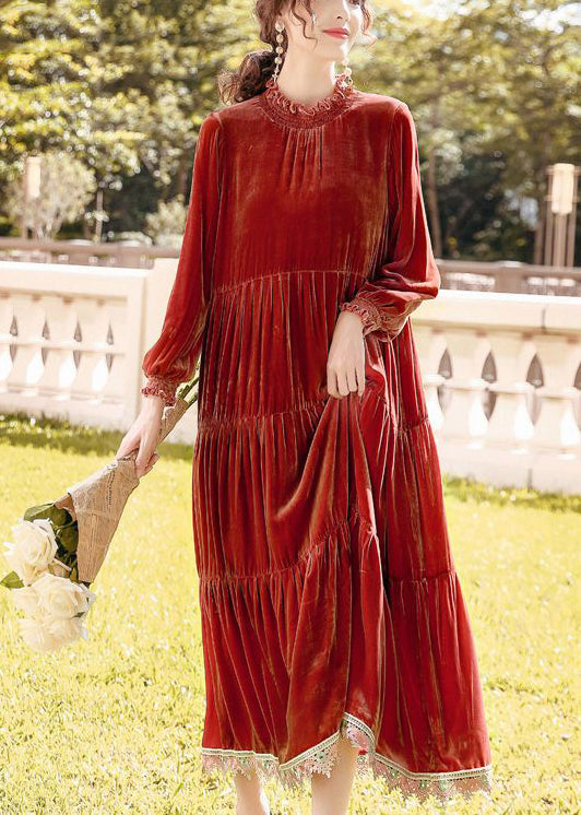 Velvet Ruffle Collar Long Sleeve Ruffle Cuff Tiered Lace Trim Hem Maxi Dress