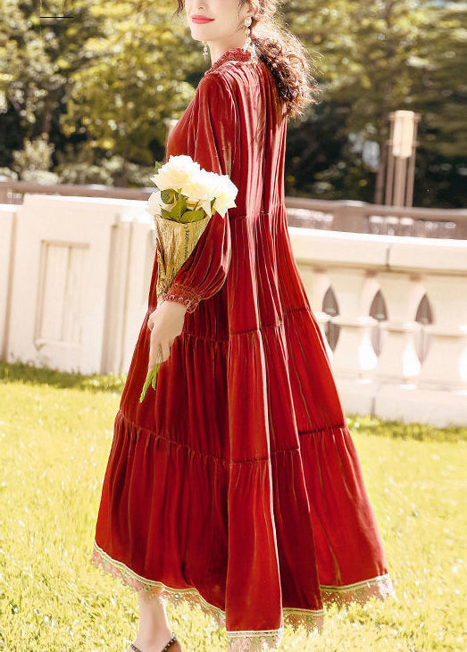 Velvet Ruffle Collar Long Sleeve Ruffle Cuff Tiered Lace Trim Hem Maxi Dress