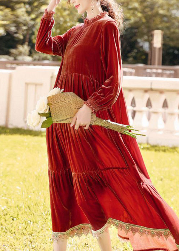 Velvet Ruffle Collar Long Sleeve Ruffle Cuff Tiered Lace Trim Hem Maxi Dress