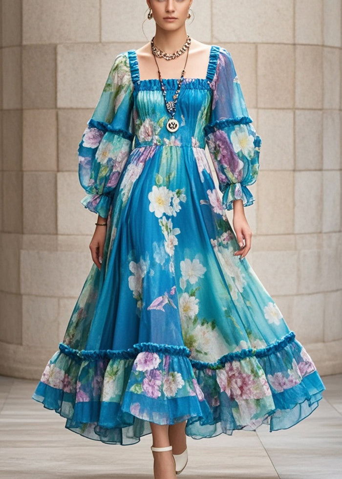 Square Neck Puff Sleeve Floral Print Ruffle Hem Chiffon Maxi Dress